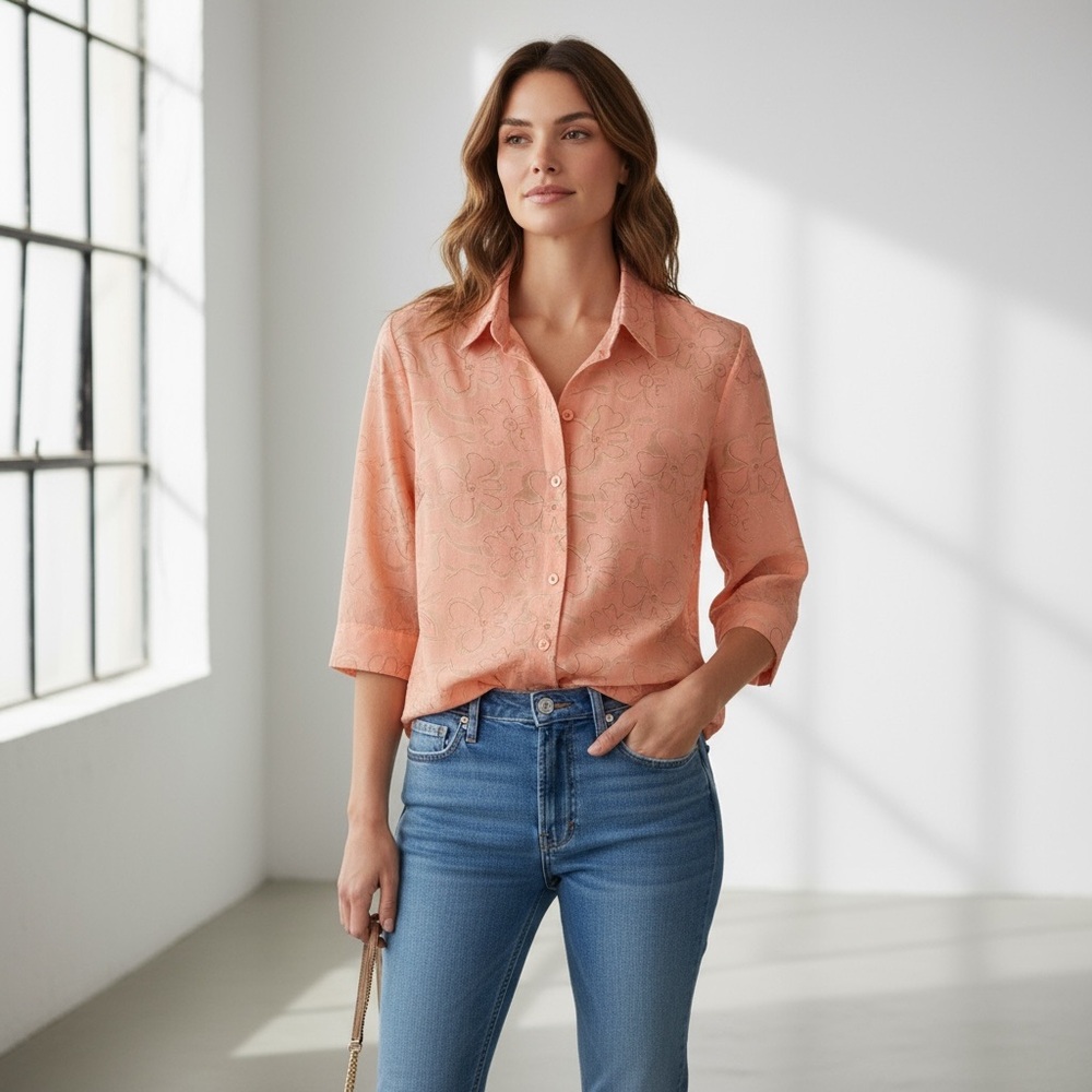 Sag Harbor Peach Jacquard Button Front Blouse